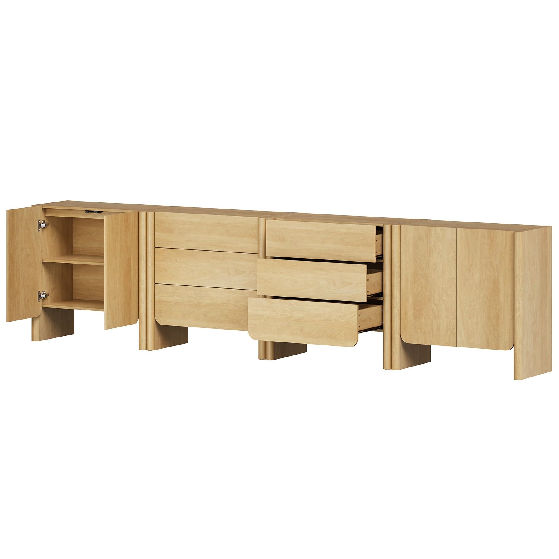 Modern French TV Stand, 126-Inch 4-Piece Media Console with 4 Doors and 6 Drawers, Supports TVs up to 130 Inches, Oak
