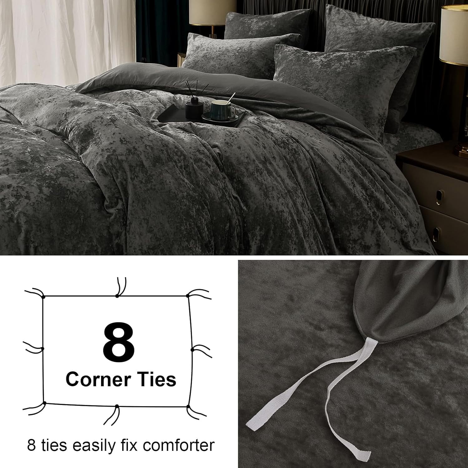 PHF Truly Velvet Duvet Cover Set King Size, 3 Pieces Luxury Ultra Soft Comforter Cover Set, Warm Flannel Duvet Cover with 2 Pillow Shams Bedding Collection, 104"x90", Grey (No Insert)