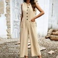 thumbnail image 5 of Women Jumpsuit Ladies Half Button V Neck Romper Wide Leg Sleeveless Playsuits Pockets Summer Dungarees Elegant Petite Cotton Linen Rompers, 5 of 7