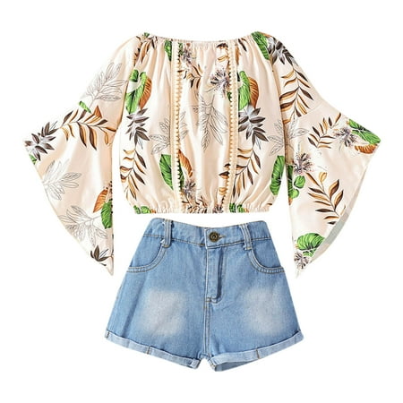 

Zlekejiko Toddler Suit Summer Girl s Western Style Suit One Line Shoulder Flower Print Flared Sleeve Tops Denim Shorts 2pcs Outfits Long Sleeve Short Set Winter Teen Clothes