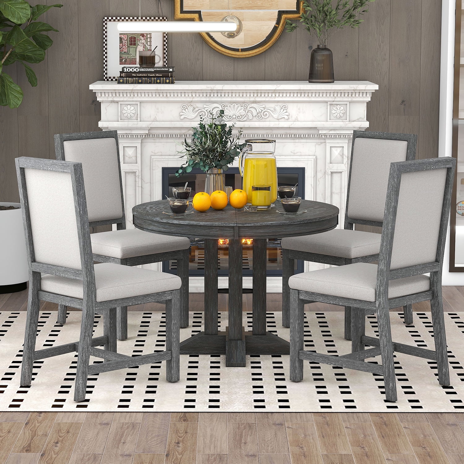 Kadyn 5-Piece Dining Set, Extendable Round Table and 4 Upholstered Chairs, Farmhouse Dining Set for Kitchen, Black Kadyn 5-Piece Dining Set, Extendable Round Table and 4 Upholstered Chairs, Farmhouse Dining Set for Kitchen, Black