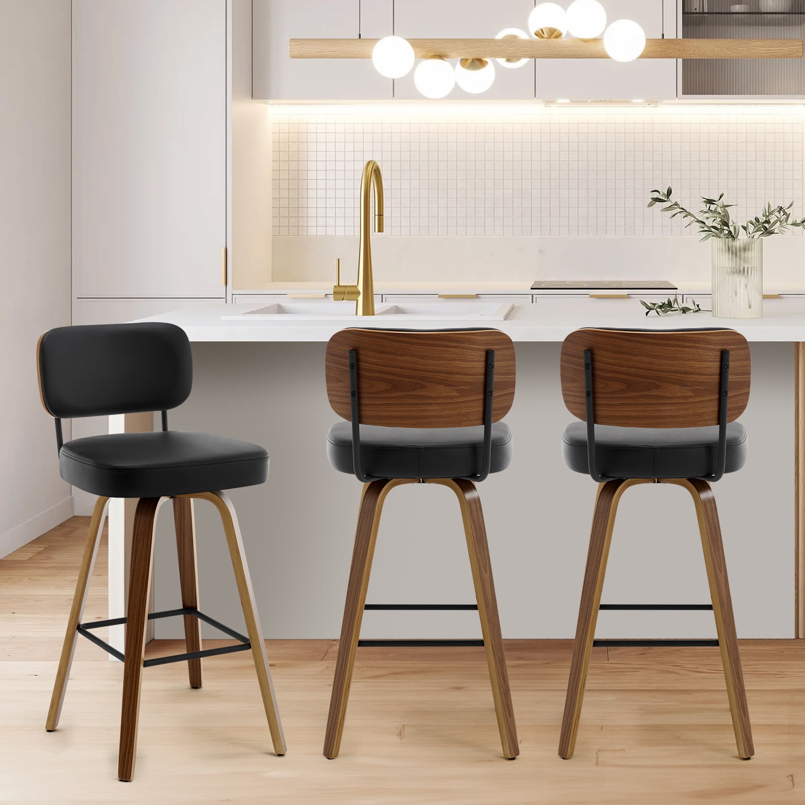 Foreate Swivel PU Bar Stools, Set of 4, 29" Bar Height Upholstered Leather with Mid-Back Wood Legs, Modern Chair Island Counter Stool for Kitchen, Black