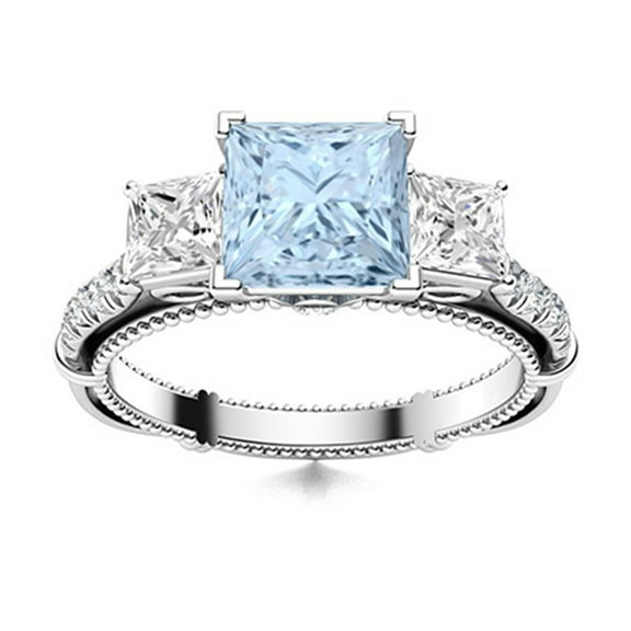 Mooneye 6mm Square Shape Aquamarine 925 Sterling Silver Three Stone Women Valentines Day Gifts Ring