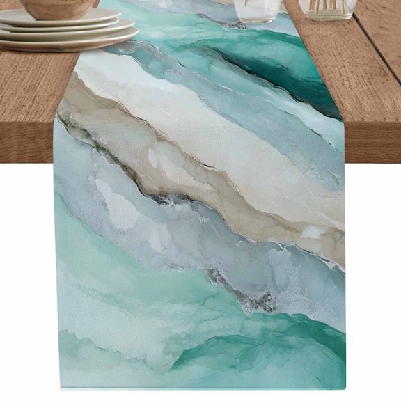 Abstract Teal Green Cyan Marble Table Runner-70 Inch Long Brown Modern Art Table Runners Linen Burlap Tablerunner for Kitchen Dining Room Holiday Party