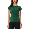 thumbnail image 1 of INSPIRAR CHIC Blusa Elegante de Manga Corta para Mujeres con Cuello Barco, Tops de Peplum con Cinturón para Oficina, Talla M, Verde Oscuro, 1 of 6