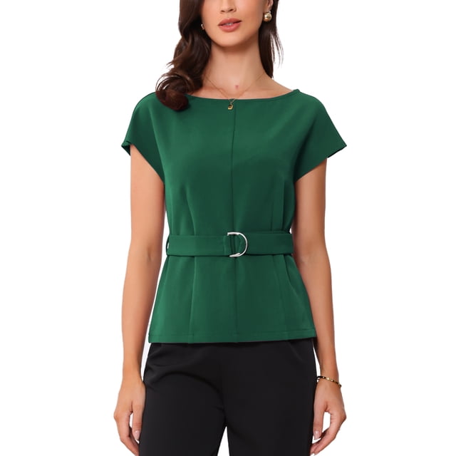 INSPIRAR CHIC Blusa Elegante de Manga Corta para Mujeres con Cuello Barco, Tops de Peplum con Cinturón para Oficina, Talla M, Verde Oscuro
