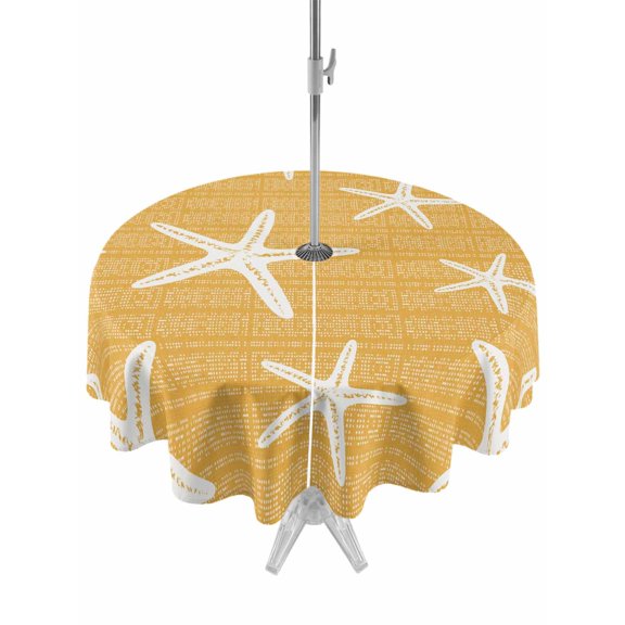 Outdoor Tablecloth with Umbrella Hole & Zipper, Yellow Starfish Coastal Round Tablecloth 54 Inch, Summer Beach Nautical Sea Ocean Patio Table Cover Waterproof Table Cloth for Picnic/Party