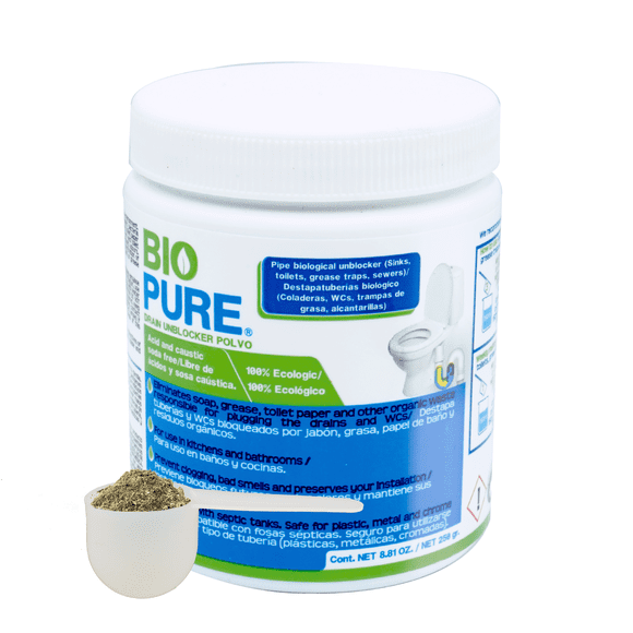 Biopure - Drain Unblocker Polvo - Destapacaños - Destapa tuberías biológico y tratamiento preventivo para WC's - Ideal para coladeras, WC's, trampas de grasa y alcantarillas (Tarro 250 gr.)