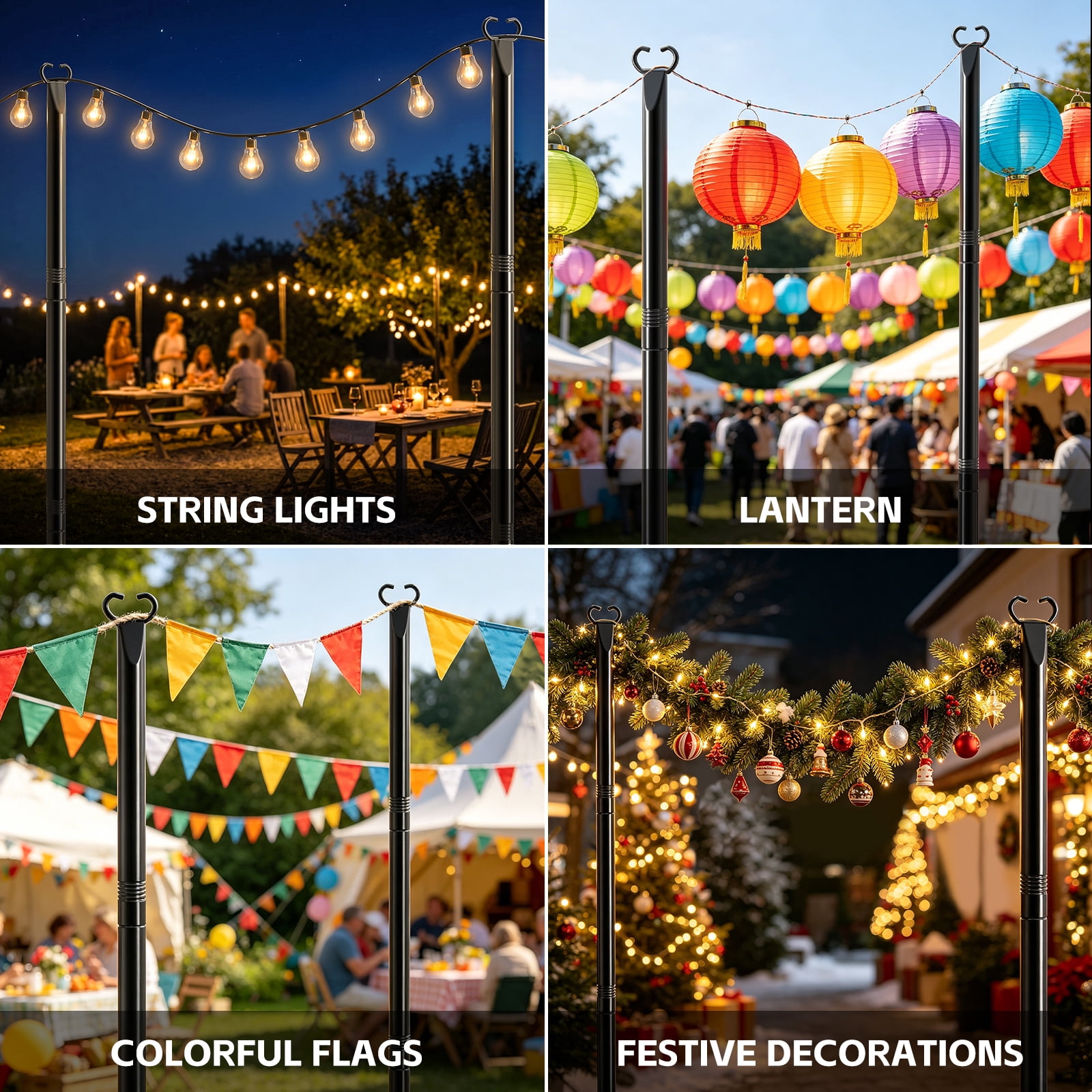 JYTOBN 10Ft String Light Poles 8 pack,Poles for Hanging Outdoor String Lights with Fork and Fence Clamp,Freestanding or Mounted on Fence/Deck/Patio