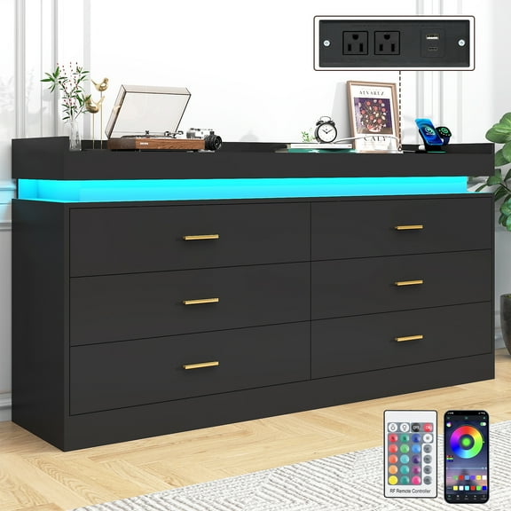 ChVans 6 Drawer Dresser with LED Light and Charging Station, Modern Chest of Drawers, Wooden Storage Dresser for Bedroom, Living Room, Entryway