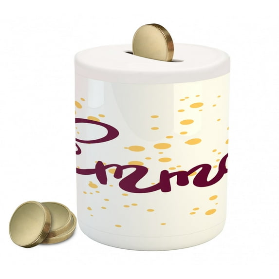 Emma Piggy Bank, Feminine Letters Arrangement Handwritten Girl Name Curves and Swirls, Ceramic Coin Bank Money Box for Cash Saving, 3.6" X 3.2", Purple and Mustard, by Ambesonne