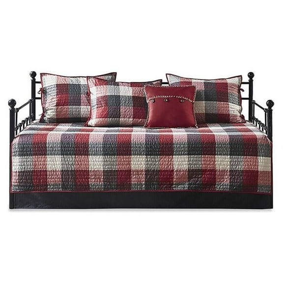 Pemberly Row Polyester Herringbone Reversible Daybed Cover Set in Red
