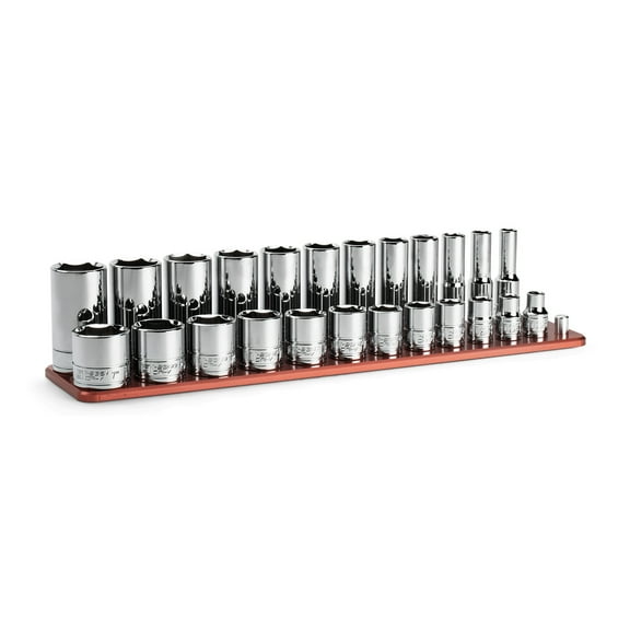 Capri Tools 3/8 in. Drive Shallow and Deep Chrome Socket Set, 6-Point, 5/16 to 1 in., 24-Piece with Billet Aluminum Socket Rail