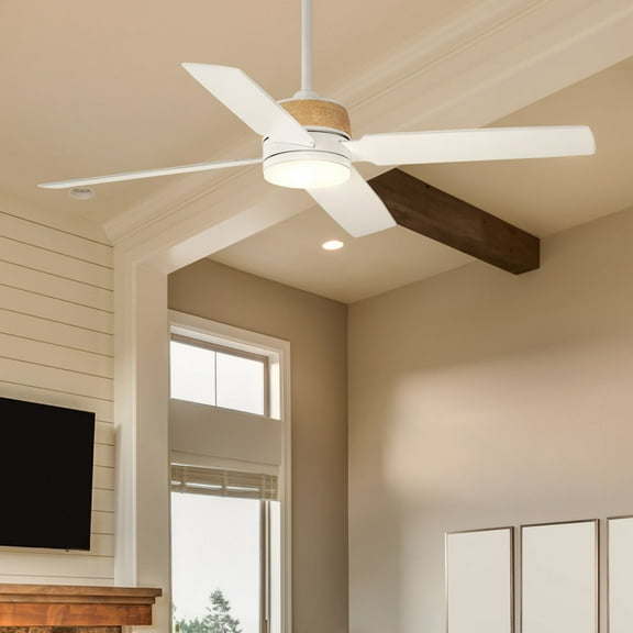 Luxury Modern Farmhouse Ceiling Fan, Large Size: 15.5''H x 56''W, with Coastal Style Elements, Satin White Finish, UHP9450 from the Ankara Collection by Urban Ambiance
