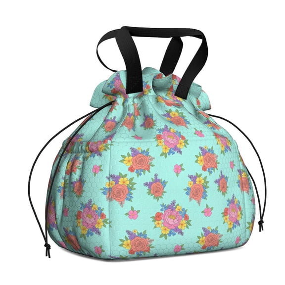Pioneer Flower Floral Print Pattern Drawstring Lunch Bag Women - Drawstring Lunch Bag Insulated for Work Office - Stain-Resistant Large Lunchbags for Women with Multi-Pockets