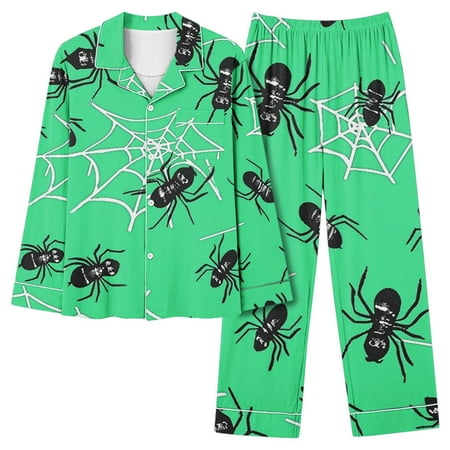 Yufatyle Women s 2 Piece Pajama Sets Halloween Bat Spider Printed Pj Sets Sleepwear Button Up Shirt with Pants Lounge Set Mint Green M