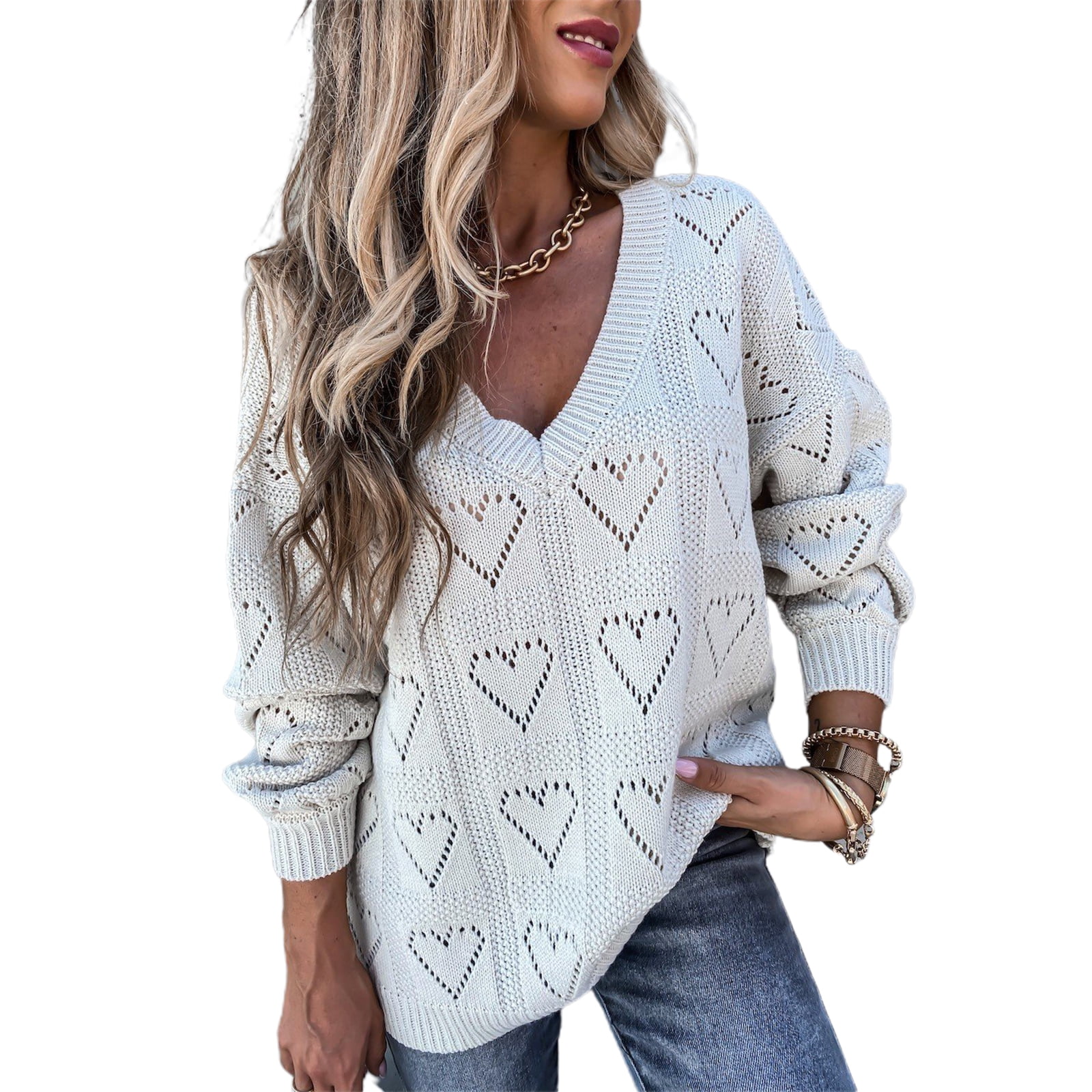 Binpure Women Casual Solid Color Sweater V Neck Long Sleeve Hollow Out Binpure Women Casual Solid Color Sweater V Neck Long Sleeve Hollow Out
