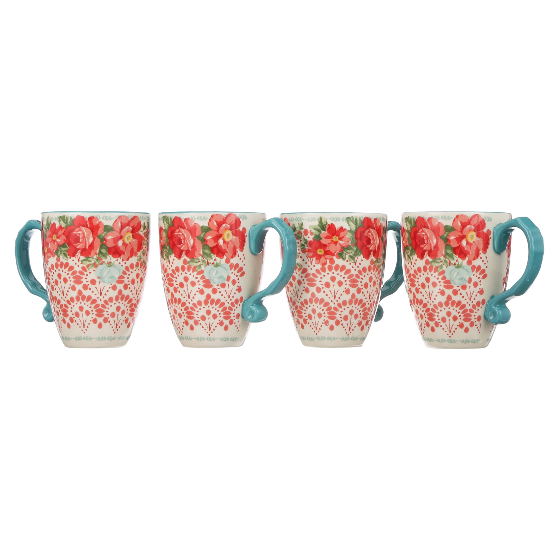 The Pioneer Woman Elegant Vintage Red Floral Blossom 16oz Coffee Cup Set 4-PACK