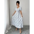 thumbnail image 7 of Blue And White V-Neck Puff Sleeve Waist-Slimming Ditsy Floral Maxi Dress For Women Spring Summer, 7 of 7