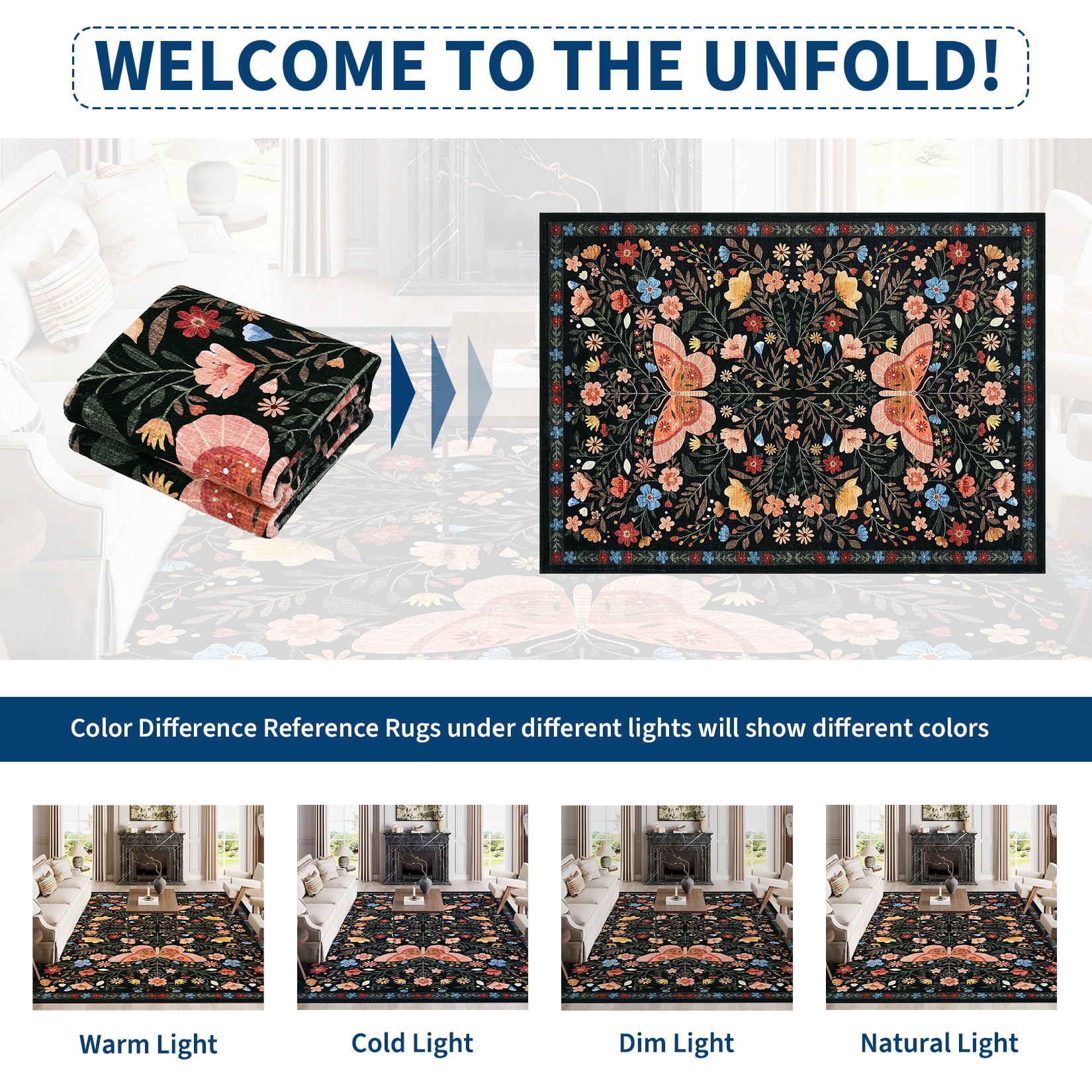 HOMERRY Floral Black Rug for Living Room 10x13 Washable Butterfly Pattern Bedroom Indoor Modern Carpet