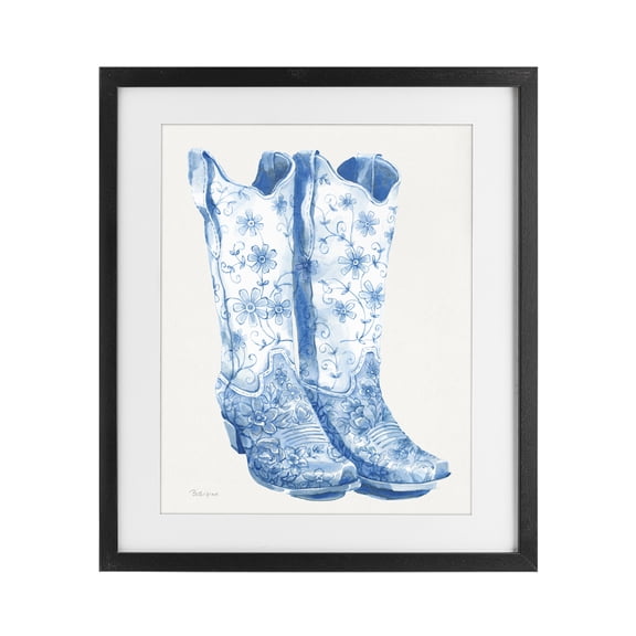 Stupell Industries Shabby Chic Blue Boots with Floral Embroidery Black Framed Print Under Glass, 13 x 16, by Beth Grove