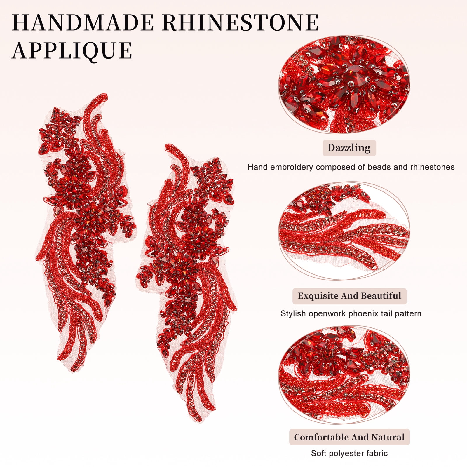 Uxcell 1 Pair Handmade Rhinestone Applique Patch, 14" x 5" Beaded Embroidery Sequin Patches for Sew on Wedding Dress Cloth DIY Crafts Decoration, Red