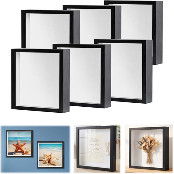 golytefs 6Pcs 8x8in Wooden Shadow Box Picture Frame for Flower Pressing 1.18 In Depth Seashell Display Box for Memorabilia Crafts Medals And Tickets (Black)