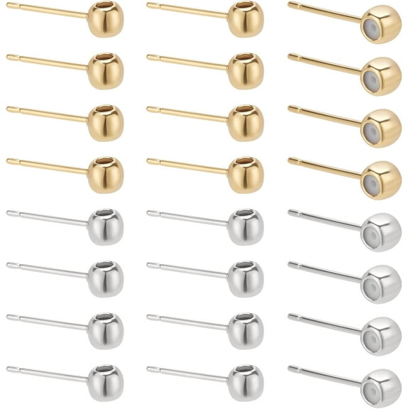 1box 40pcs Column Post Stud Earrings 2 colors Column Post Earring Studs with Holes Brass Round Earring Posts with Silicone Bead for Earrings Jewellery Making Supplies 0.7mm Pin