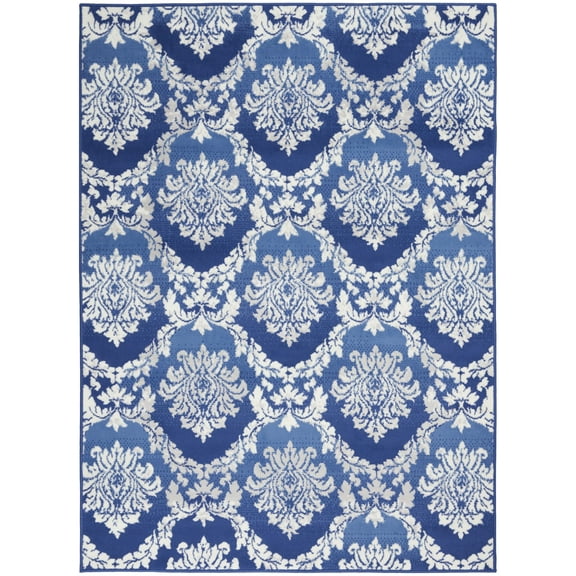 6’ x 9’ Blue and Ivory Damask Area Rug