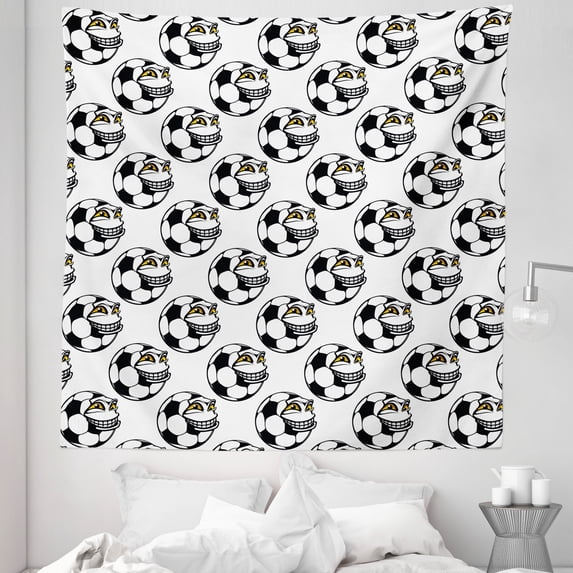 Soccer Tapestry, Cartoon Football Mascot with Happy Funny Face Expression Sports Game Play, Fabric Wall Hanging Decor for Bedroom Living Room Dorm, 5 Sizes, Black White Yellow, by Ambesonne