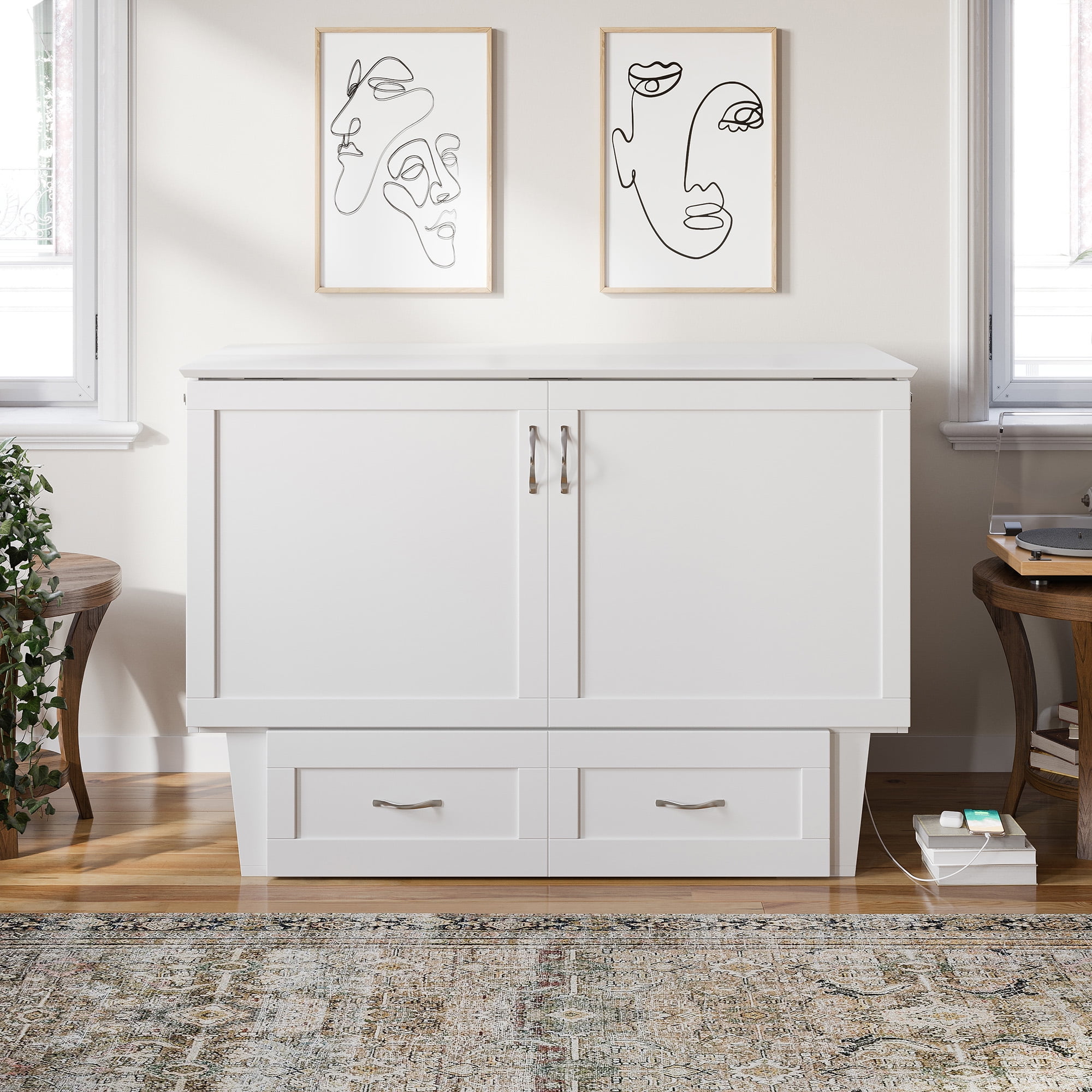 AFI Monroe Full Solid Wood Murphy Bed Chest with 6" Mattress, Drawer & Charger, White