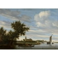 thumbnail image 2 of Jacob Salomonsz. van Ruysdael 14x11 Black Ornate Wood Framed Double Matted Museum Art Print Titled: River View with Church and Ferry (1649), 2 of 5