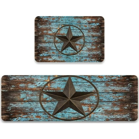 

Western Kitchen Mat Set of 2 Rustic Country Texas Star on Teal Brown Wooden Barn Kitchen Rugs and Mats Non Skid Washable Cushioned Absorbent Comfort Standing Mat for Kitchen Sink Laundry Bathroom