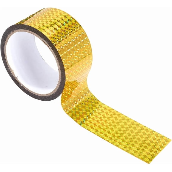 55 Yards Self Adhesive Holographic Tape Bulk Yellow Plastic Prism Waterproof Glitter Masking Decors Reflective Tapes for DIY Art Crafts Projects Keep Birds Away Home Holiday Packing