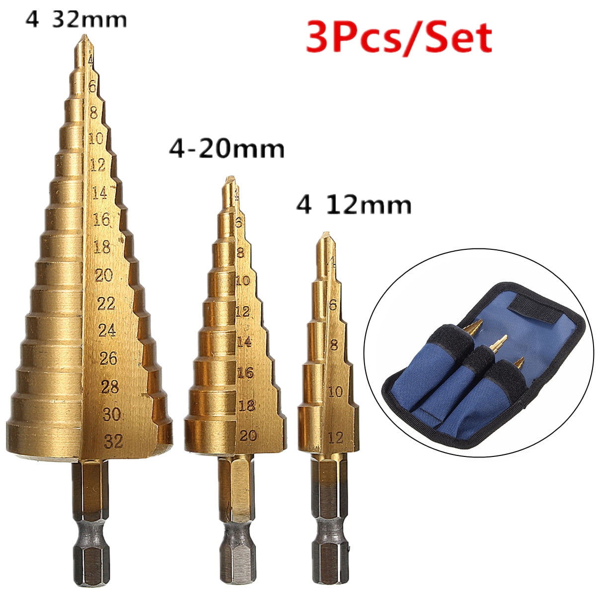 3PCS Step Drill Bits Set HSS Titanium Cone Hole Cutter 4-12/20/32mm Blue Pouch 