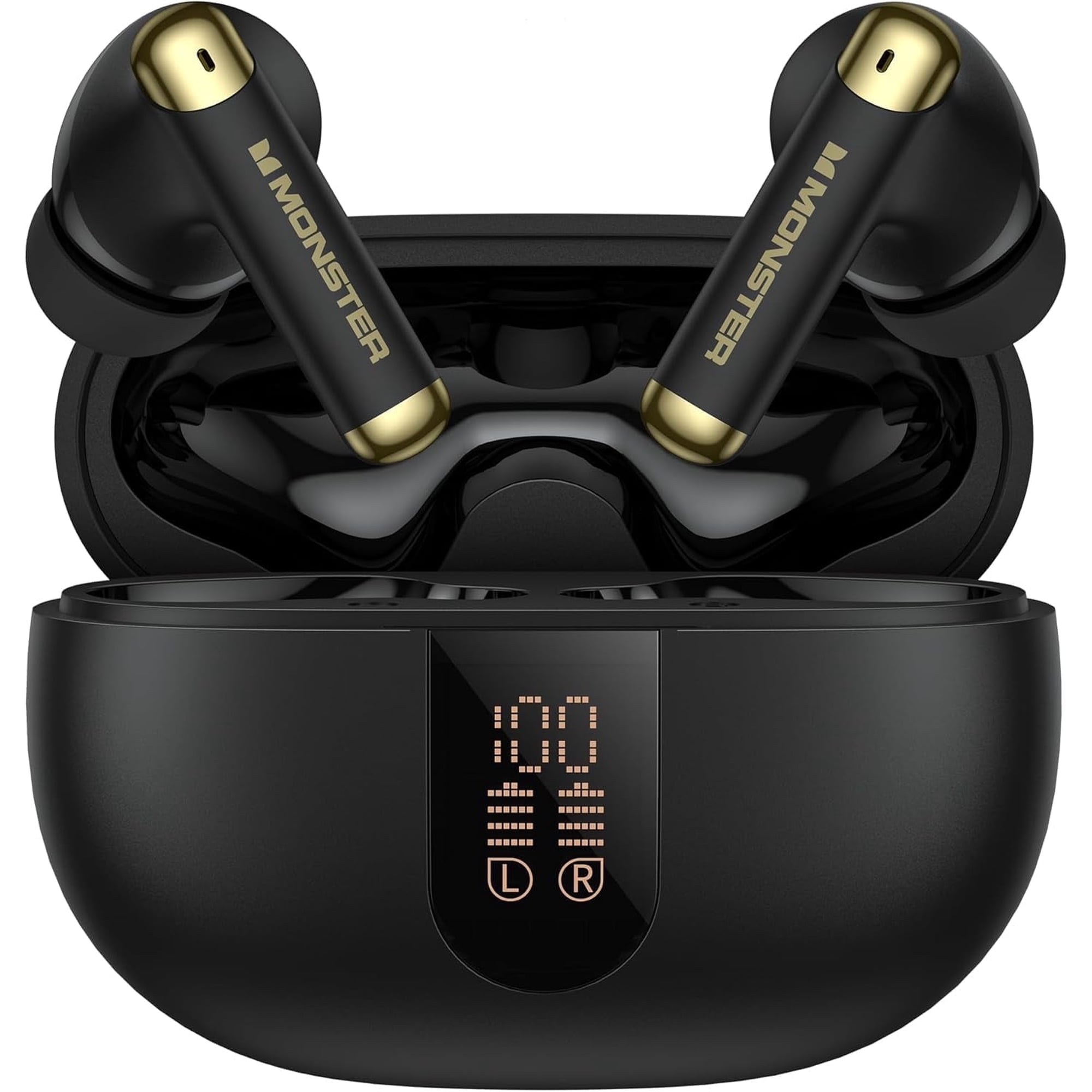 Monster Wireless Earbuds， Bluetooth 6.0 Stereo Headphones with Noise-Cancelling Mic and LED Display, Built-in Mic for Clear Calls, Waterproof Design for Sports