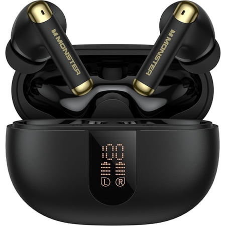 Monster Wireless Earbuds， Bluetooth 6.0 Stereo Headphones with Noise-Cancelling Mic and LED Display, Built-in Mic for Clear Calls, Waterproof Design for Sports