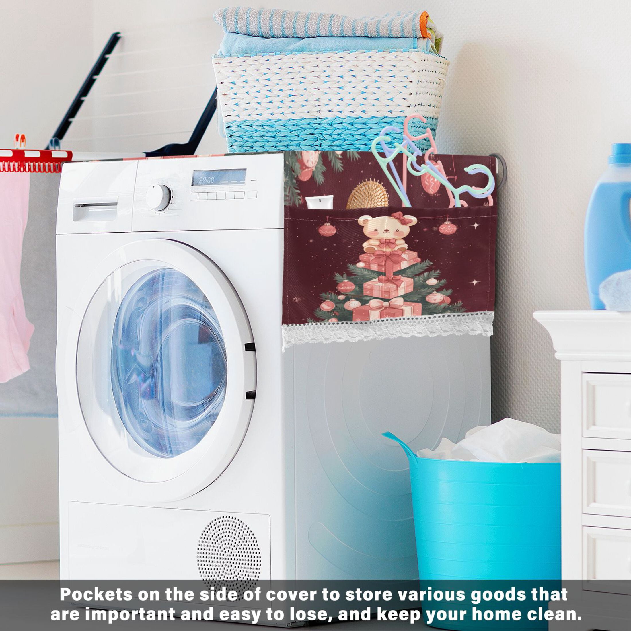 Pink Teddy BearWasher and Dryer Covers Dust-Proof and Oil Resistant Fridge Cover with 4 Storage Pockets Washing Machine Top Cover for Laundry Kitchen Home 51.2 x 22 In