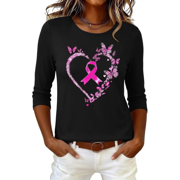 VKOYWKM Women's Breast Cancer Awareness Shirt 3/4 Sleeve Pink Ribbon Graphic Crewneck Soft Casual Support Top