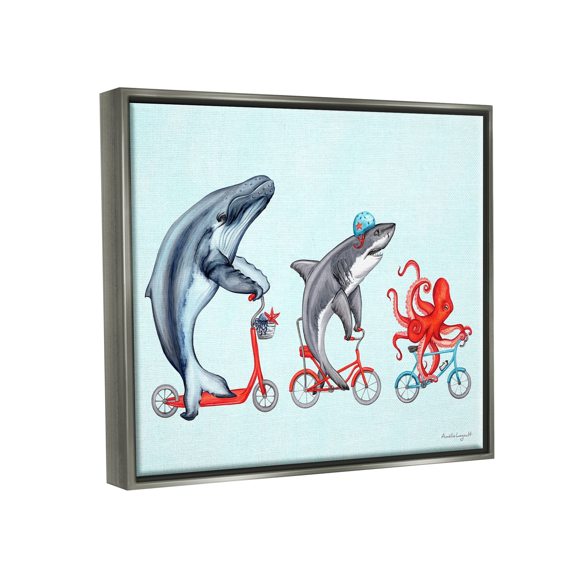 Stupell Industries Aquatic Sea Life Animals Riding Bikes Red Accent Graphic Art Luster Gray Floating Framed Canvas Print Wall Art, Design by Amelie Legault