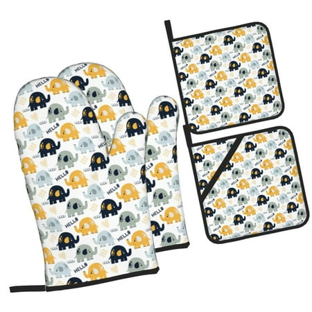 

Daiia Cute Elephant Pattern Oven Mitts and Pot Holders 4 pcs Set High Heat Resistant 500 Degree Extra Thicken Long Kitchen Cotton Oven Glove
