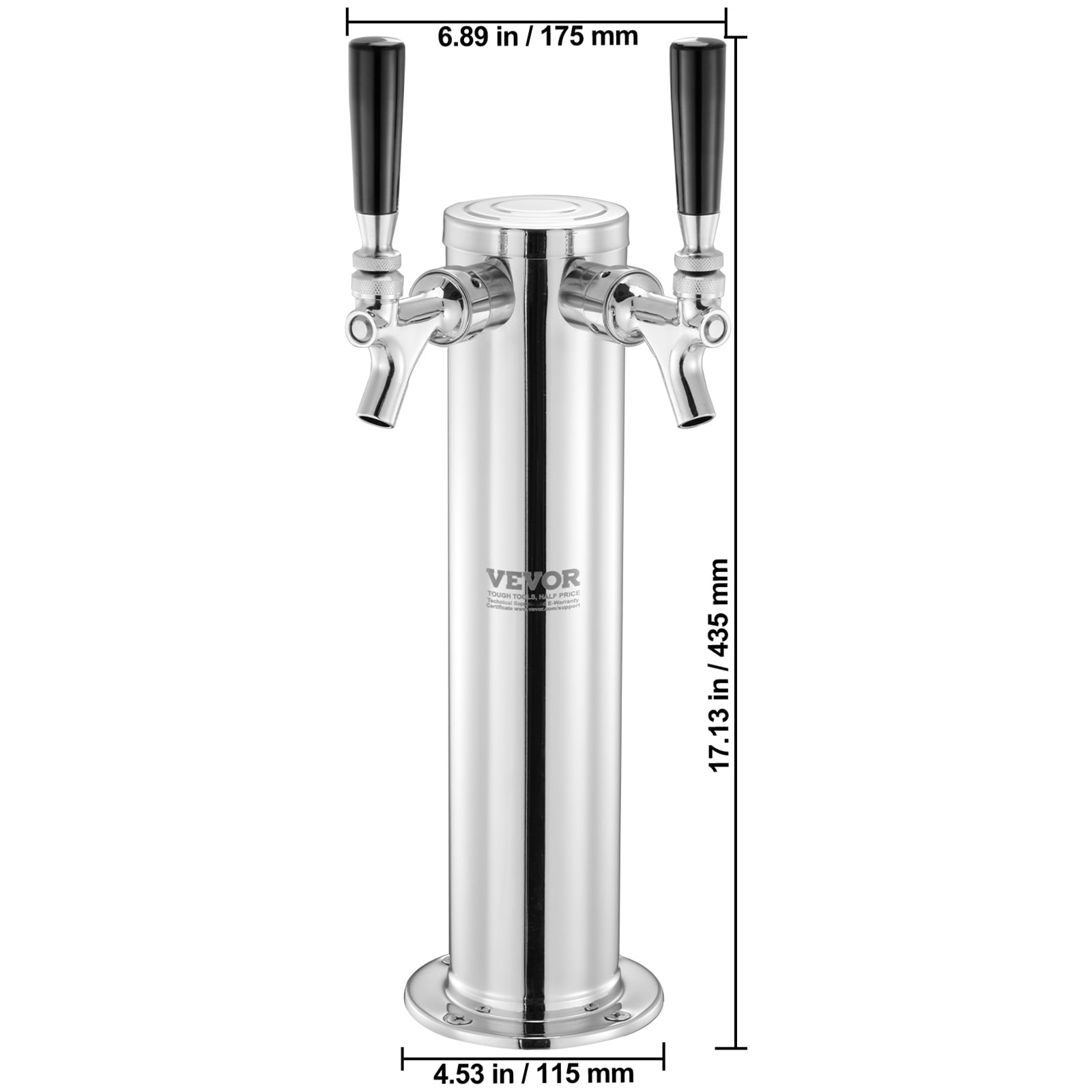 VEVOR Kegerator Tower Kit, Dual Taps Beer Conversion Kit, Stainless Steel Keg Beer Tower Dispenser with Dual Gauge CGA320 Regulator & D-System Keg Coupler, Self-Closing Spring for Party Bar Home
