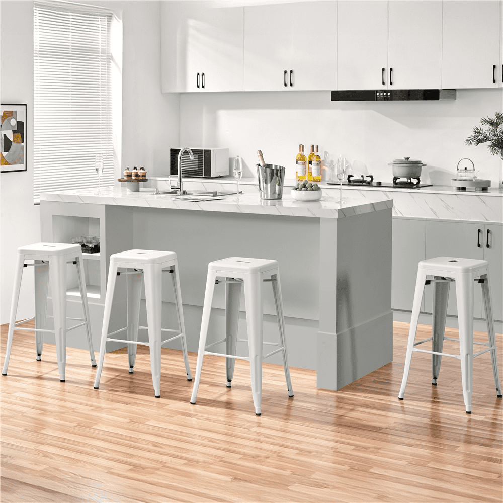 Alden Design Industrial Metal 30" Stackable Backless Bar Height Stools, Set of 4, White