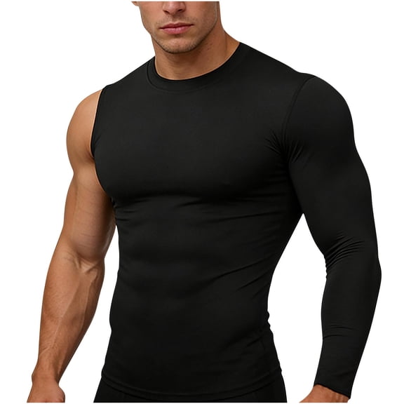 Hinvhai Mens One Arm Sleeve Compression Shirts 1/2 Long Sleeve Athletic Base Layer Undershirt Basketball Workout Top Black L(L)