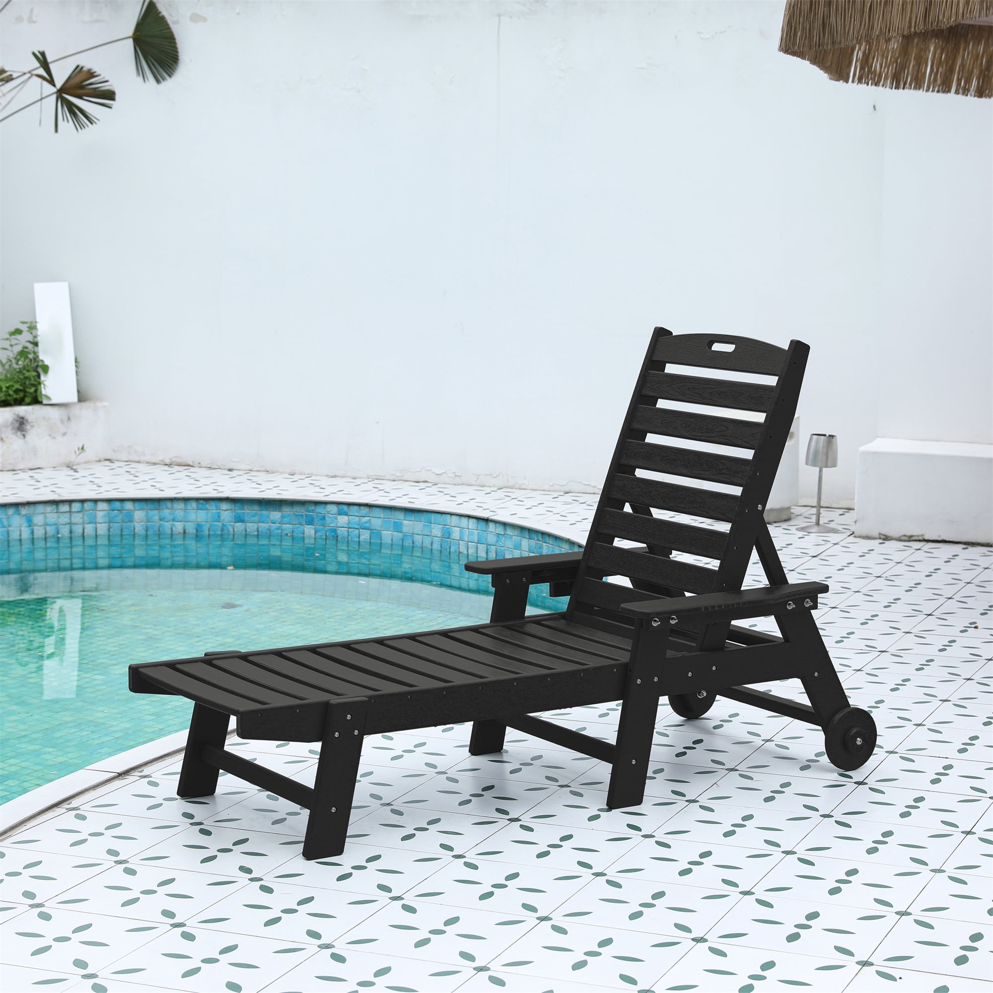 Aukfa 75" HDPE Outdoor Patio Chaise Lounge Chair with Cup Holder&Wheels, Adjustable Backrest, Black