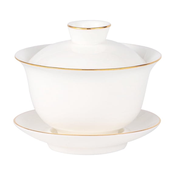 Urban Tokyo Gaiwan Teacup Kung Fu Tea Set Cup and Saucer With Lid 5 fl oz Traditional Porcelain Gongfu Tea Set (Jade White Gold Trim)