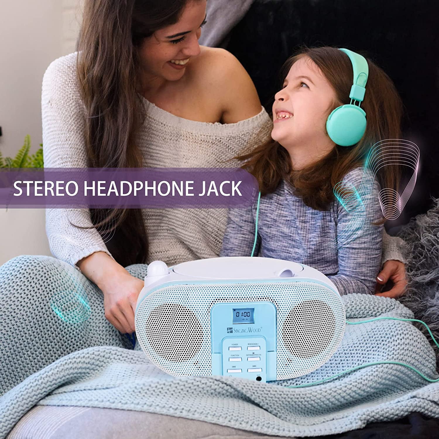 SingingWood GC01 Macarons Series Portable CD Player Boombox with AM FM Stereo Radio Kids CD Player LCD Display, Front Aux-in Port Headphone Jack, Supported AC or Battery Powered -Blueberry