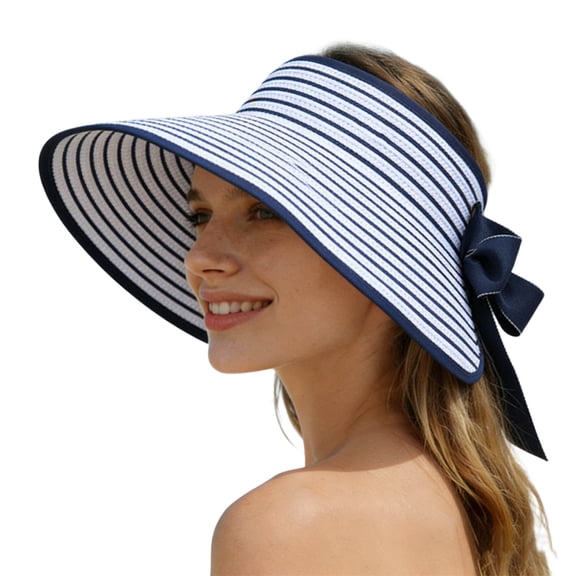 Bibifish Womens Straw Visor Large Brim Foldable Striped Sun Hat With Bow Tie Beach & Vacation Sun Hat