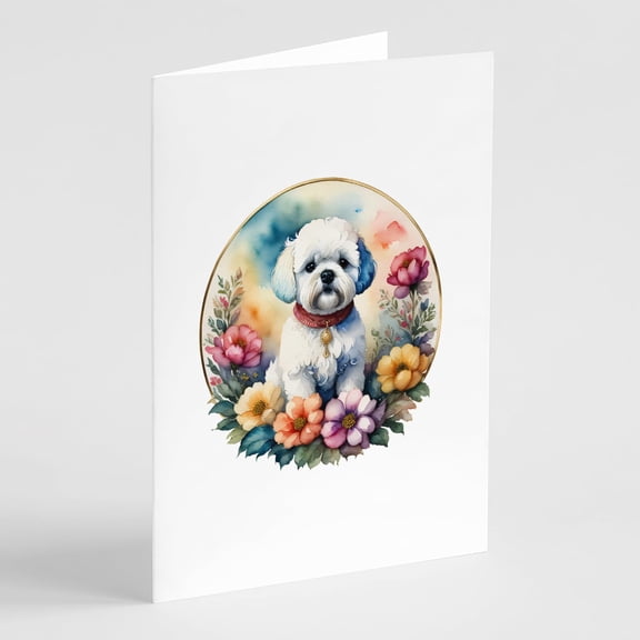 Bichon Frise and Flowers Greeting Cards and Envelopes Pack of 8 7 in x 5 in