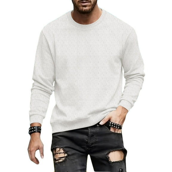 HAiming Men‘s Hoodless Sweatshirt Crew Neck Long Sleeve Jacquard Texture Casual Solid Color Pullover Tops Shirt